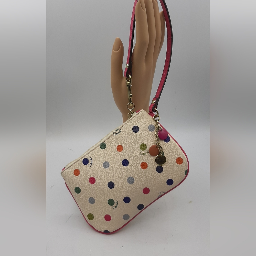 Coach Corner Wristlet Wallet Cream Pink Polka Dot Pouch Small Logo Leather - Picture 1 of 8